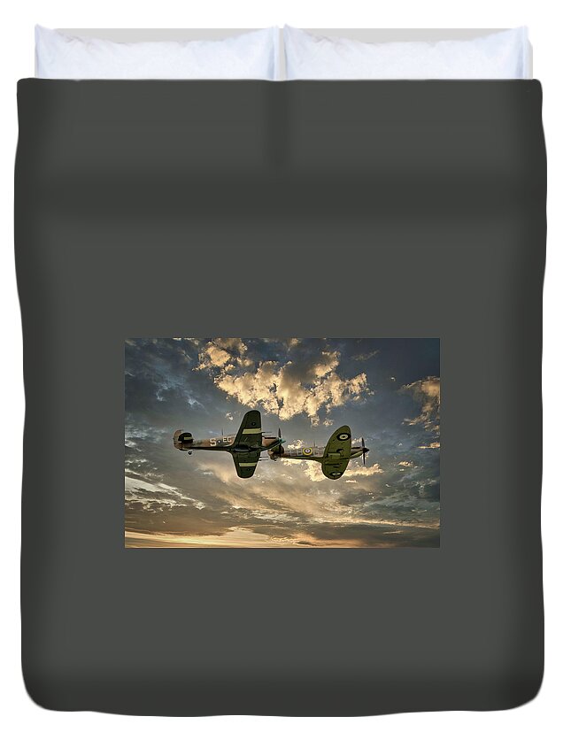 Air Duvet Cover featuring the photograph RAF Spitfire and Hurricane, World War 2 Fighter Aircraft by Rick Deacon