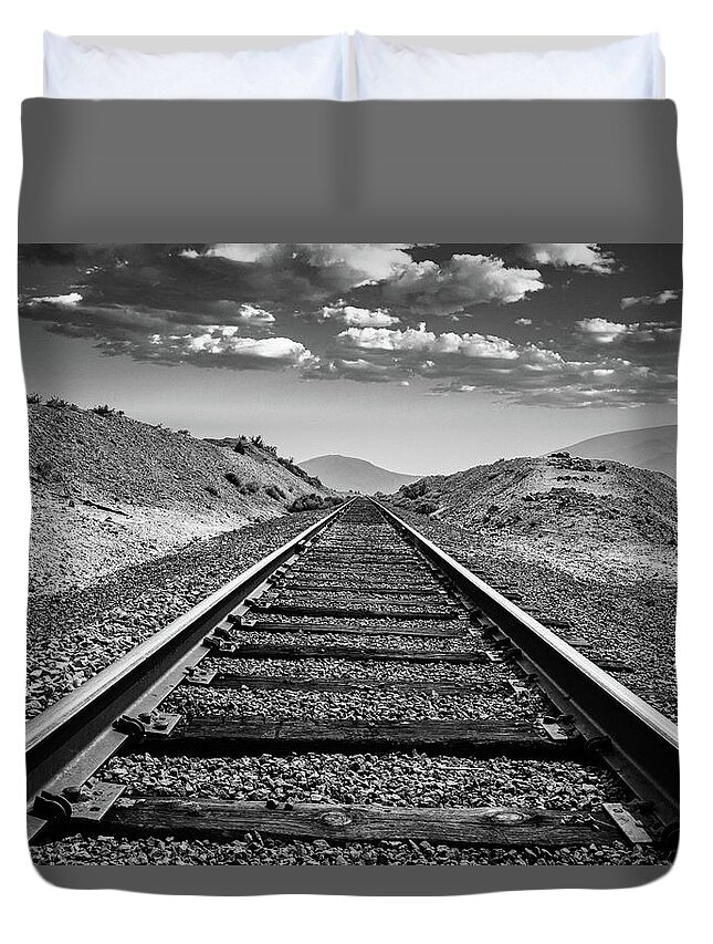Gold Hill Duvet Cover featuring the photograph Rail to Infinity Black and White by Ron Long Ltd Photography