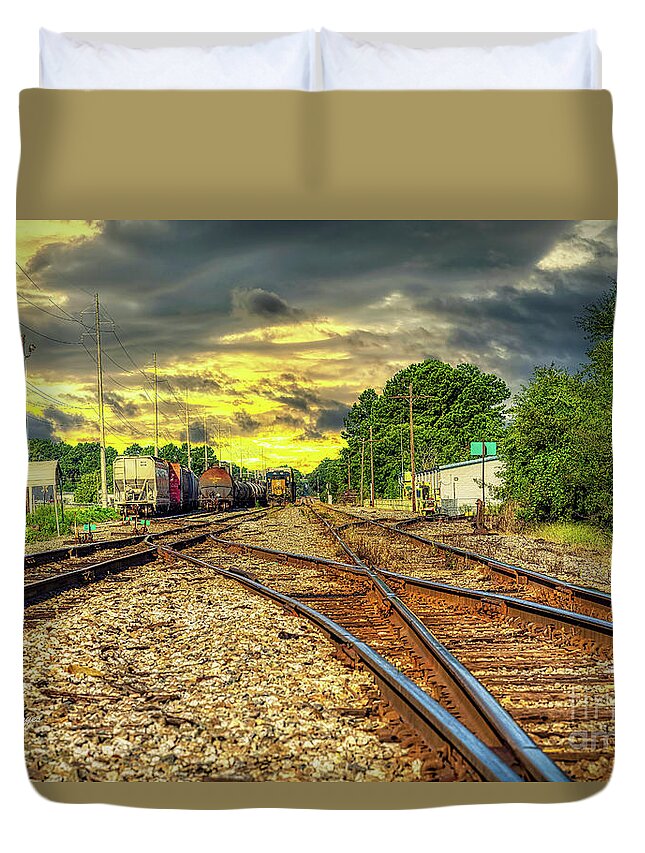 Railroads Duvet Cover featuring the photograph Railroad Sunset by DB Hayes