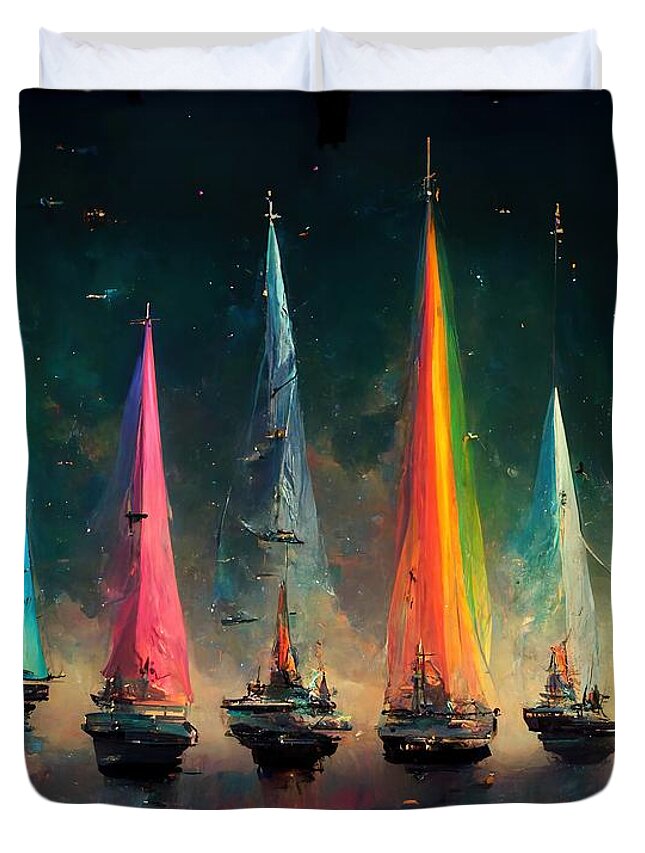 Sailing Duvet Cover featuring the digital art Rainbow Fleet by Nickleen Mosher