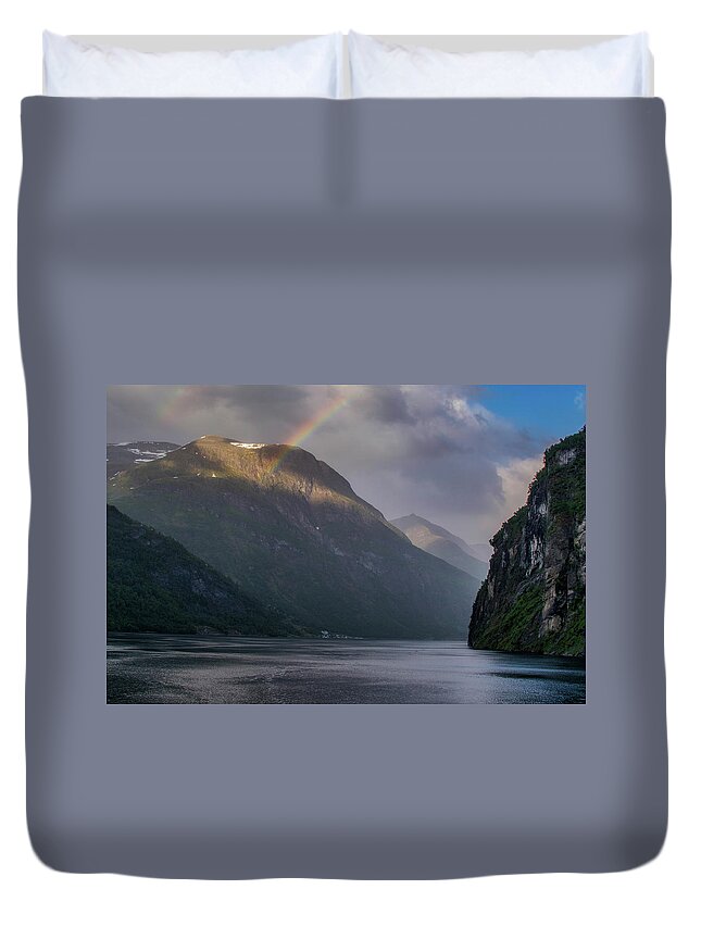 Clouds Duvet Cover featuring the photograph Rainbow on the Fjord by Matthew DeGrushe