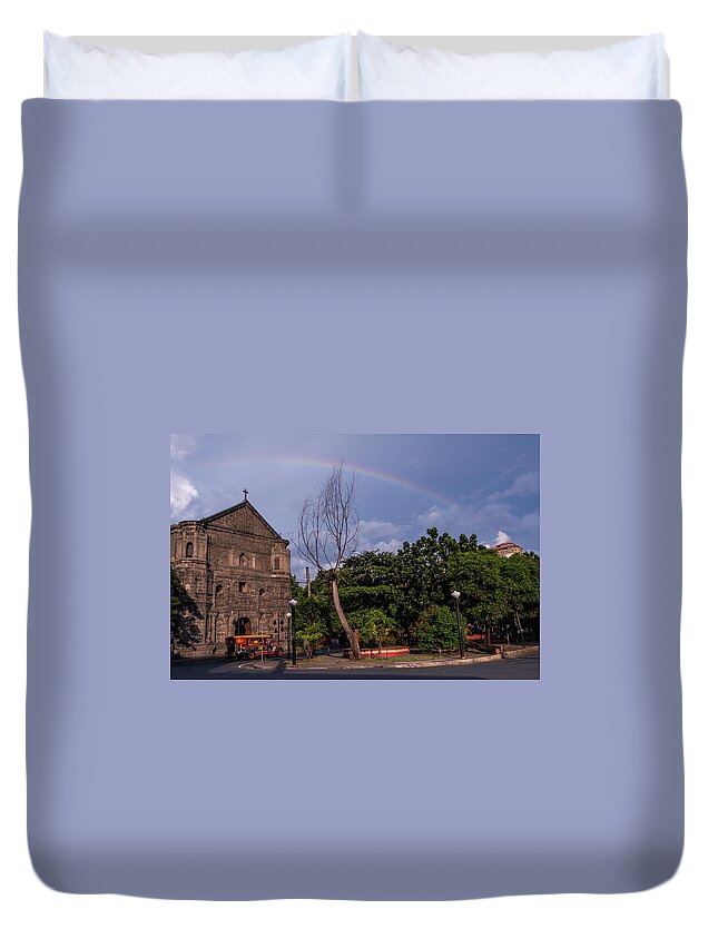 Rainbow Duvet Cover featuring the photograph Rainbow over Malate Church by Arj Munoz