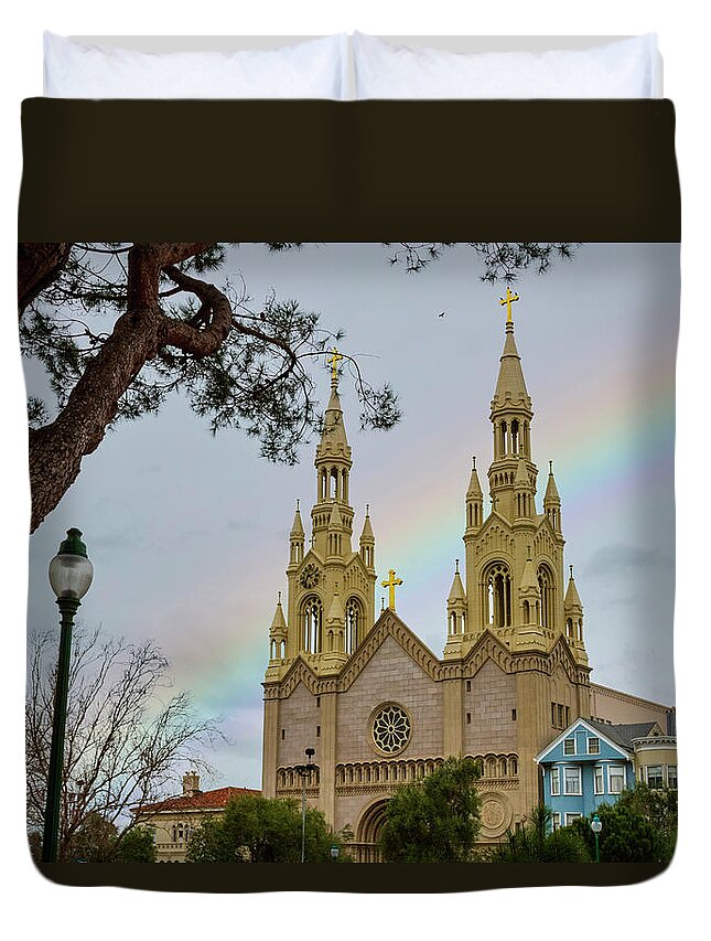 Church Duvet Cover featuring the photograph Rainbow Over Saints Peter and Paul Church by Bonnie Follett