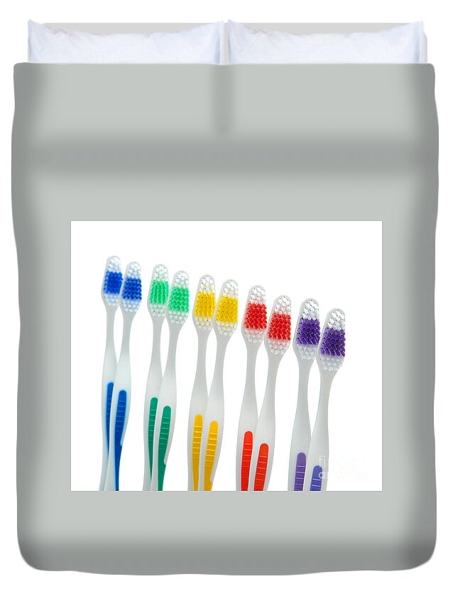 Colorful Duvet Cover featuring the photograph Rainbow Toothbrushes Isolated on White by Olivier Le Queinec