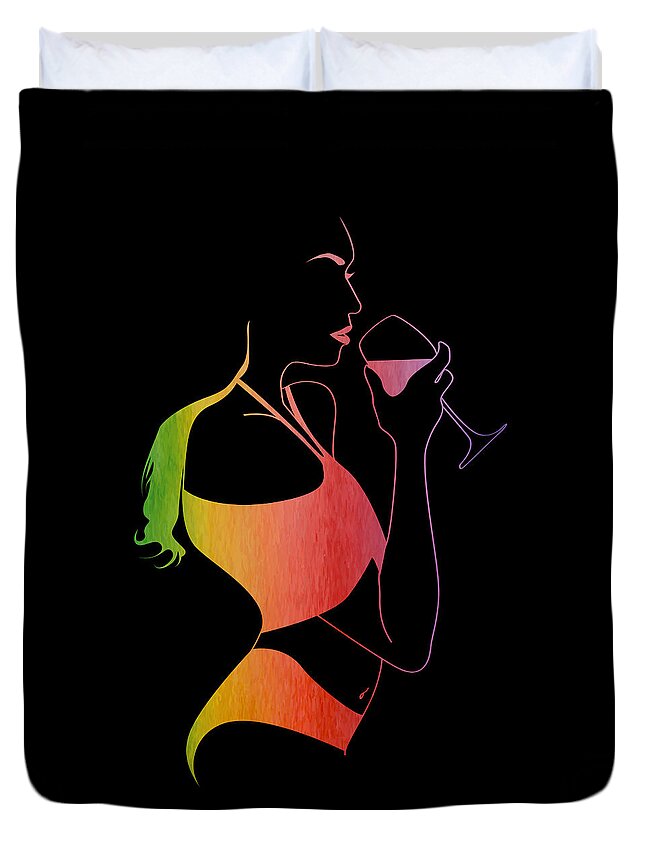 People Duvet Cover featuring the drawing Rainbow watercolor outline sexy young girl in bikini celebrating in the summer night with wine 1/4 by Mounir Khalfouf