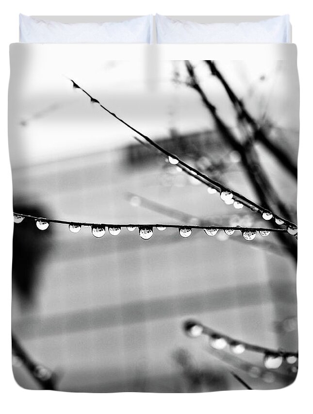 Rebecca Dru Duvet Cover featuring the photograph Raindrops on twigs by Rebecca Dru