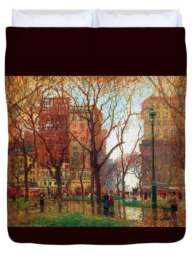 Cornoyer Duvet Cover featuring the painting Rainy Day Madison Square New York 1907 by Paul Cornoyer