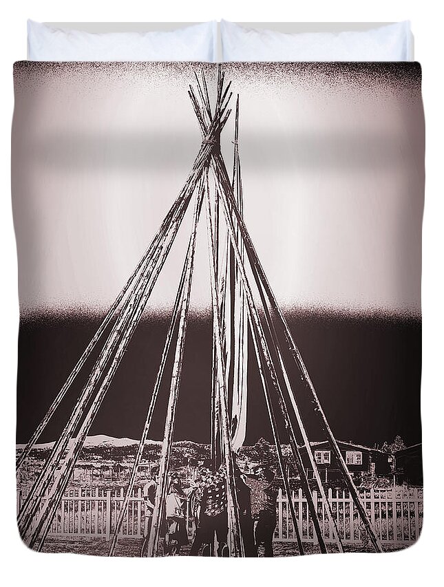 Teepee Poles Duvet Cover featuring the mixed media Raising the Teepee Cover by Kae Cheatham