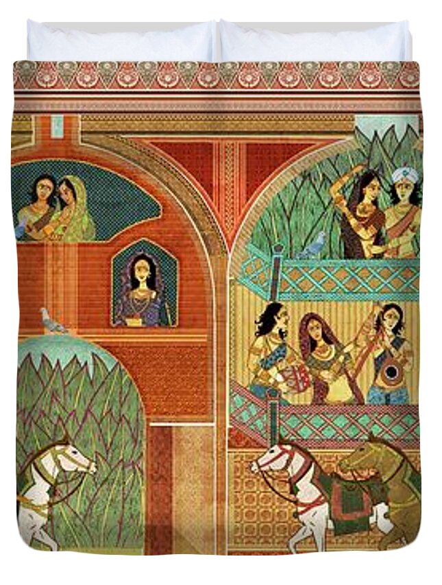 Rajput Duvet Cover featuring the mixed media Rajput Painting - Ragamala - Traditional Indian Painting depicting Celebration - Rajasthani Art by Studio Grafiikka