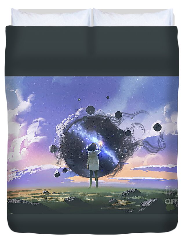 Illustration Duvet Cover featuring the painting Reaching for the tiny sun by Tithi Luadthong
