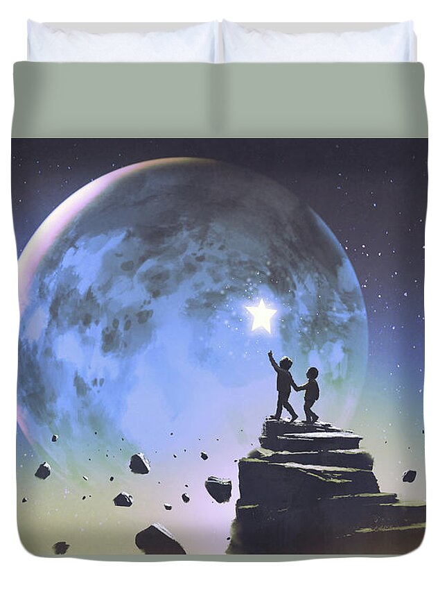 Illustration Duvet Cover featuring the painting Reaching Out For The Little Star by Tithi Luadthong