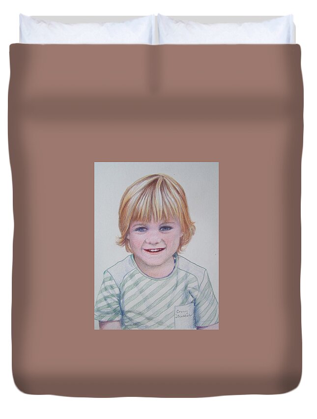 Boy Duvet Cover featuring the drawing Ready for the First School Photo. by Constance DRESCHER