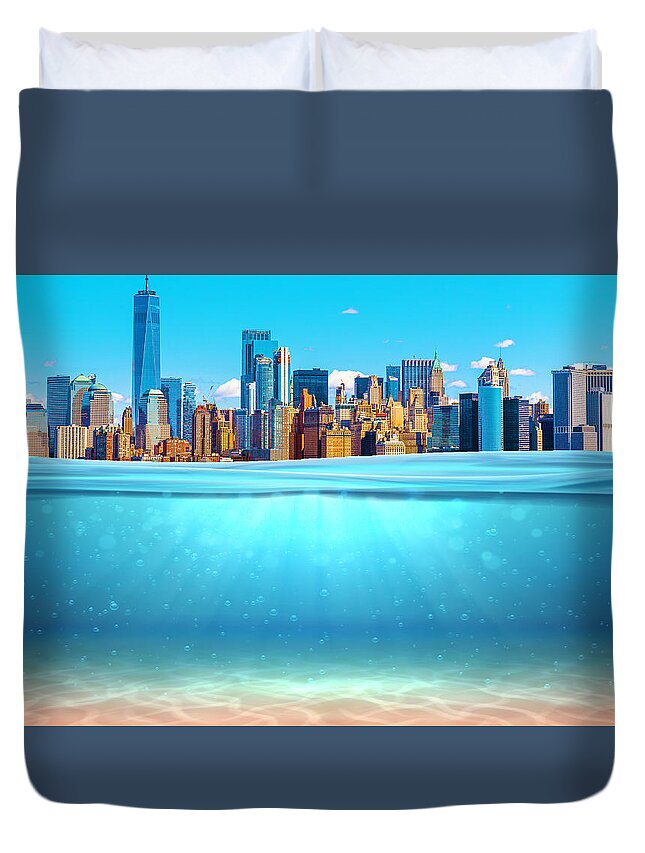 Realistic Duvet Cover featuring the painting Realistic underwater background New York Manhattan Ocean deep water, sea under wat by Tony Rubino