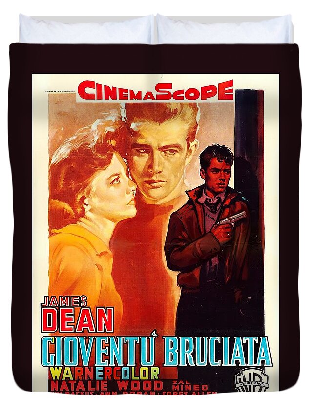 Synopsis Duvet Cover featuring the mixed media ''Rebel Without a Cause'', 1955 - art by Luigi Martinati by Movie World Posters