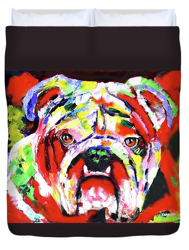 Bulldog Duvet Cover featuring the painting Red and Black Bulldog by Karl Wagner