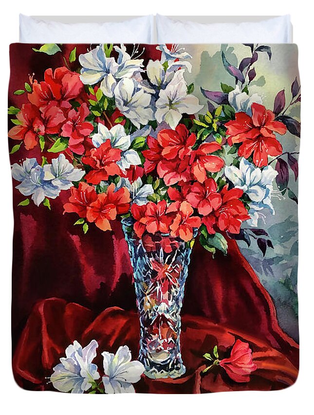 Still Life Duvet Cover featuring the painting Red and White Azaleas by Maria Rabinky