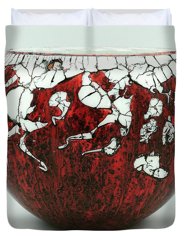Red Duvet Cover featuring the mixed media Red and White Glass Bowl by Christopher Schranck