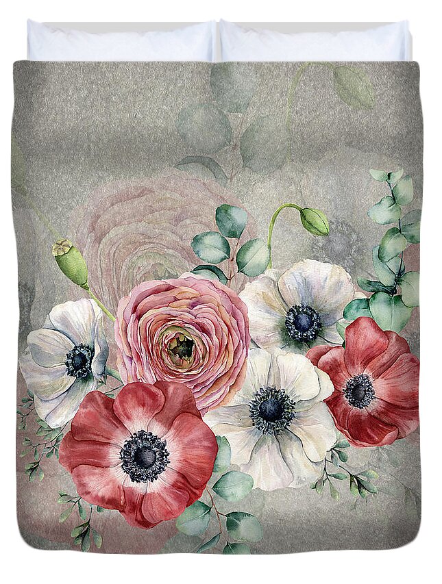 Red Flowers Duvet Cover featuring the digital art Red Anemone and Eucalyptus by J Marielle