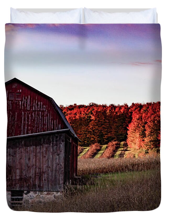 Michigan Fall Duvet Cover featuring the photograph Red barn at sunrise with fall colors in northern Michigan by Eldon McGraw
