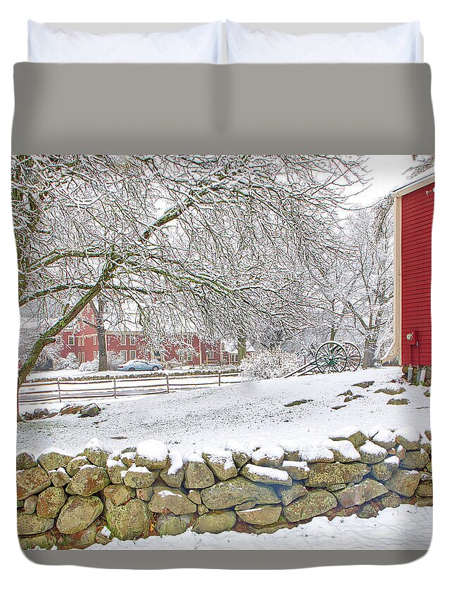 Snow Covered Duvet Cover featuring the photograph Red Barn at the Longfellows Wayside Inn by Juergen Roth