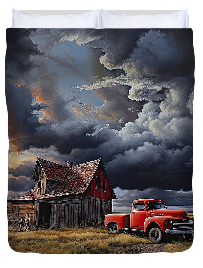 Red Barn Duvet Cover featuring the painting Red Barn Countryside - Red Barn Art by Lourry Legarde