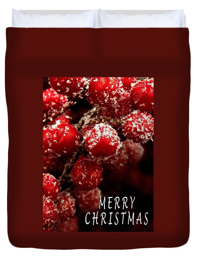 Red Berries Covered Snow Christmas Card Duvet Cover featuring the photograph Red Berries Covered in Snow Christmas Card by David Morehead