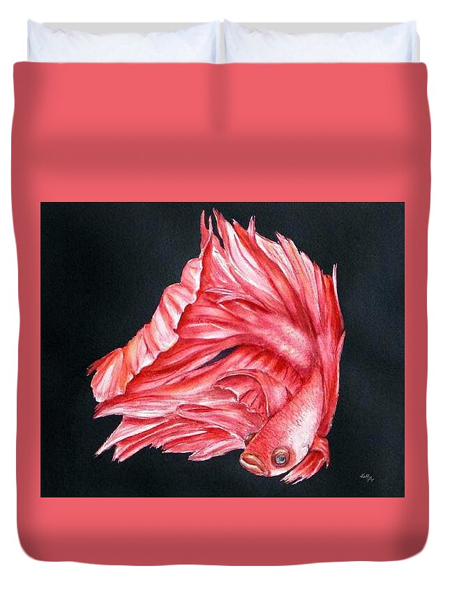 Siamese Fighting Fish Duvet Cover featuring the painting Red Betta Fighting Fish by Kelly Mills