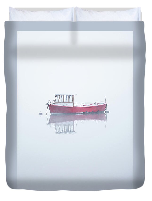 Red Boat Duvet Cover featuring the photograph Red Boat in the Mist, Coniston Water by Anita Nicholson