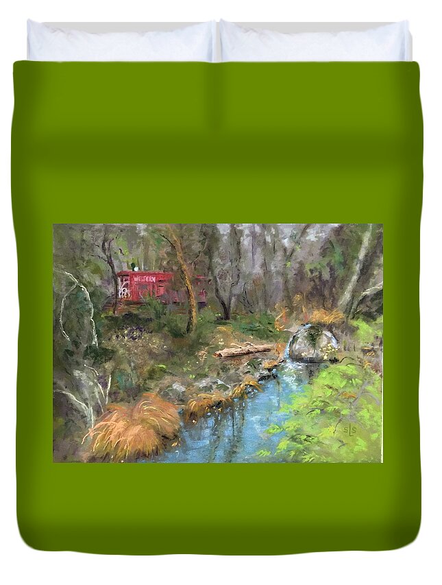 Caboose Duvet Cover featuring the pastel Red Caboose by Sandra Lee Scott