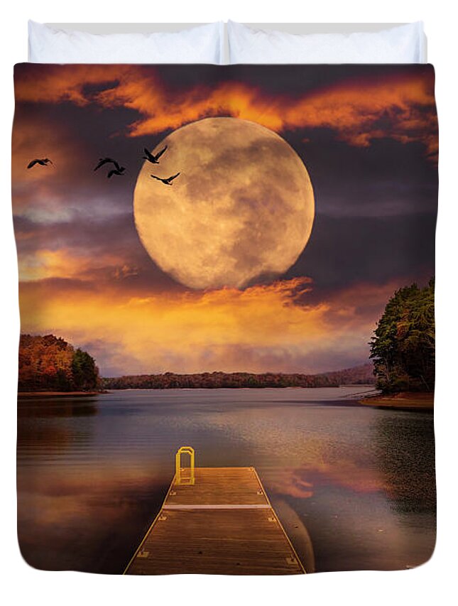 Full Duvet Cover featuring the photograph Red Canoe at the Moonlit Night Lake Dock by Debra and Dave Vanderlaan