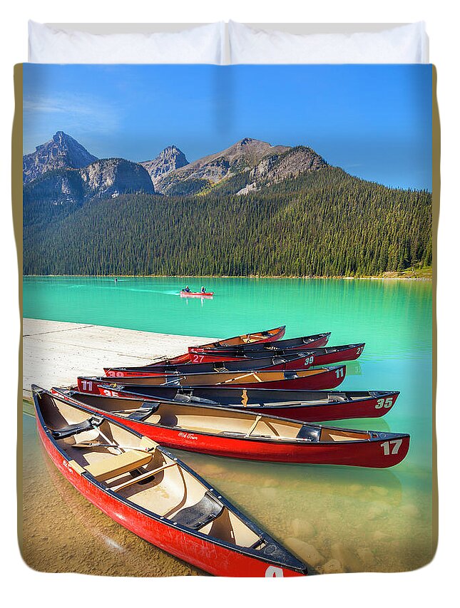 Red Canoes Duvet Cover featuring the photograph Red Canoes on Lake Louise, Banff national Park, Alberta, Canada by Neale And Judith Clark