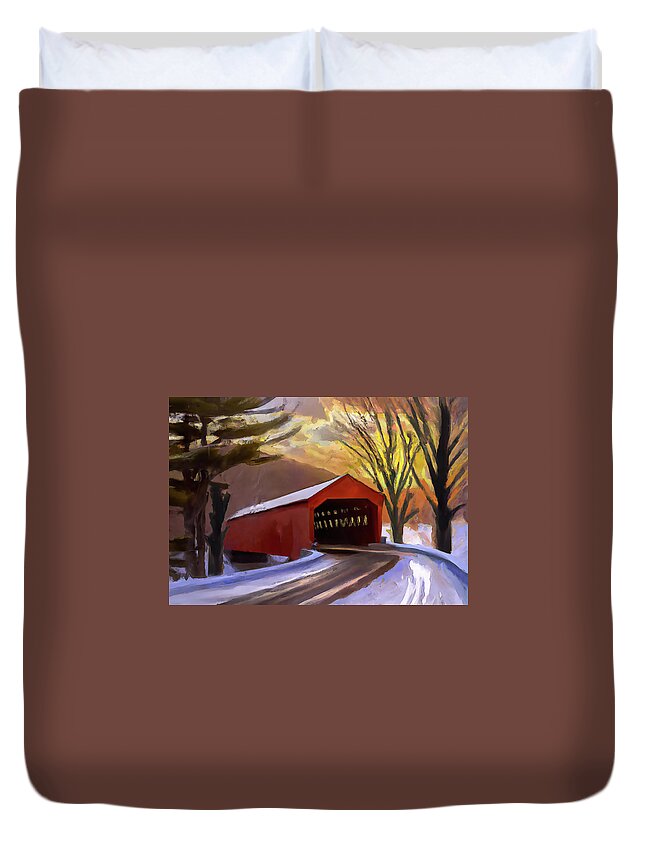 Covered Bridge Duvet Cover featuring the digital art Red Covered Bridge in the Winter by Alison Frank