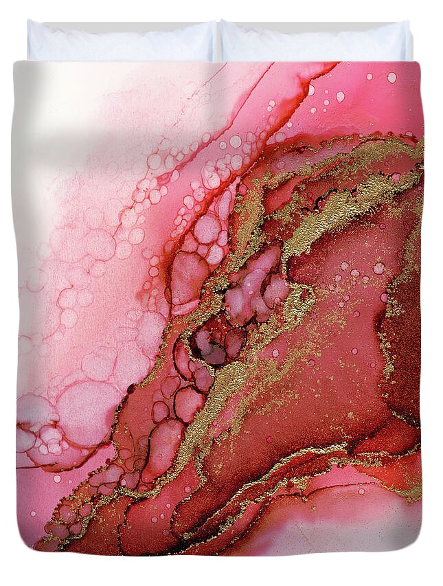 Alcohol Ink Duvet Cover featuring the painting Red Dragon Scales Abstract Ink Painting by Olga Shvartsur