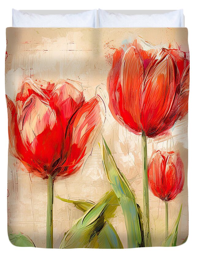 Red Tulips Duvet Cover featuring the painting Red Enigma- Red Tulips Paintings by Lourry Legarde