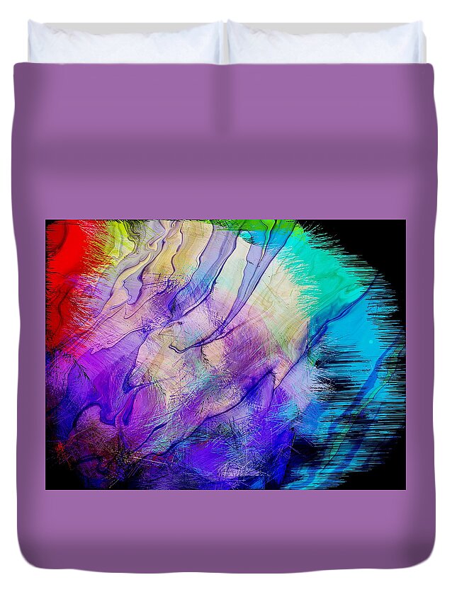 Abstract Red Faced Creature Hatching Fuzzy Yellow White Blue Purple Aqua Green Pink Software Ipad-air Black Background Duvet Cover featuring the digital art Red Faced Creature Hatching by Kathleen Boyles