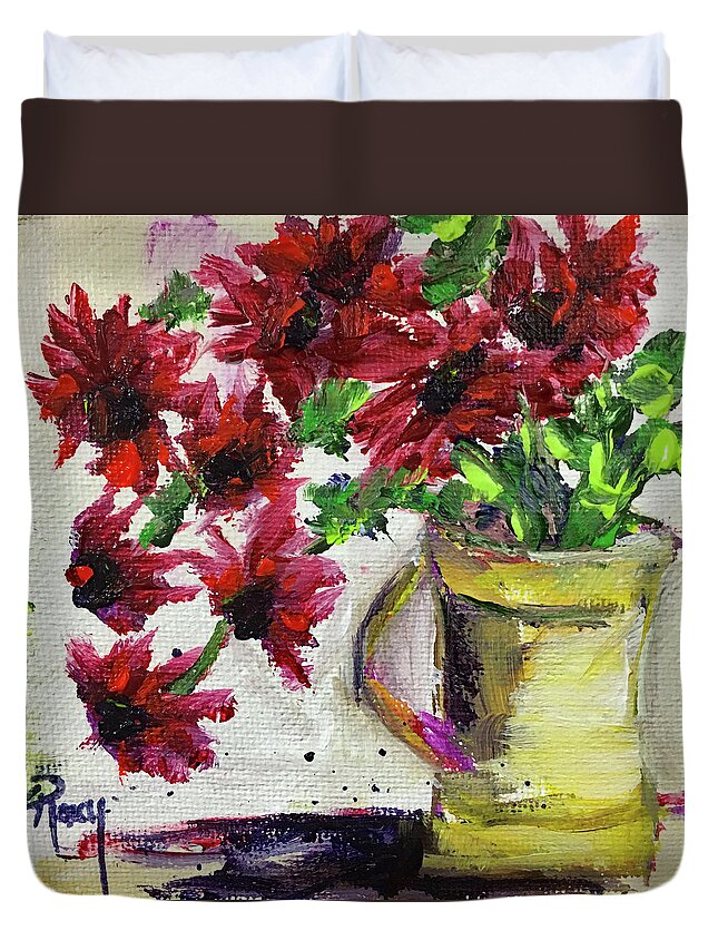 Red Flowers Duvet Cover featuring the painting Red Flowers in a Yellow Pitcher by Roxy Rich