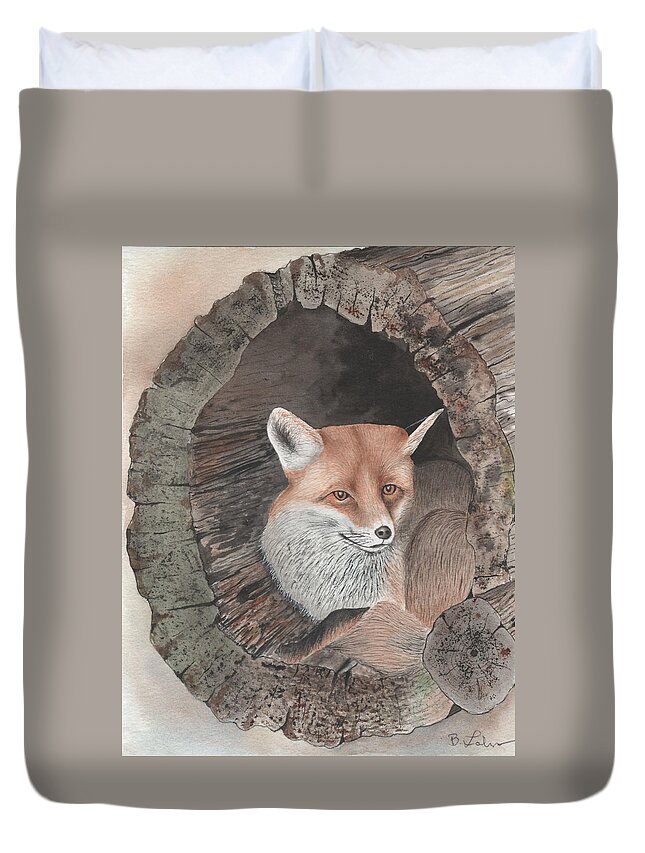Red Fox Duvet Cover featuring the painting Red Fox in Hollow Log by Bob Labno