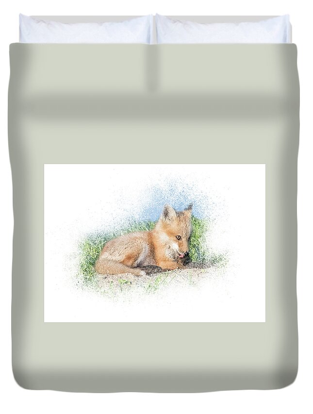 Fox Duvet Cover featuring the mixed media Red Fox Kit #8 - Paw Lick by Patti Deters