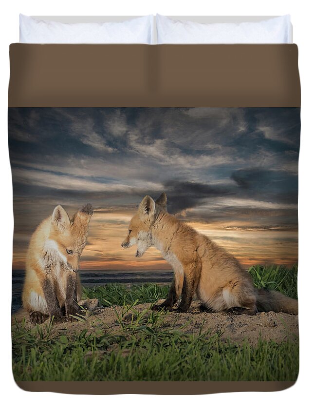 Fox Duvet Cover featuring the photograph Red Fox Kits - Past Curfew by Patti Deters