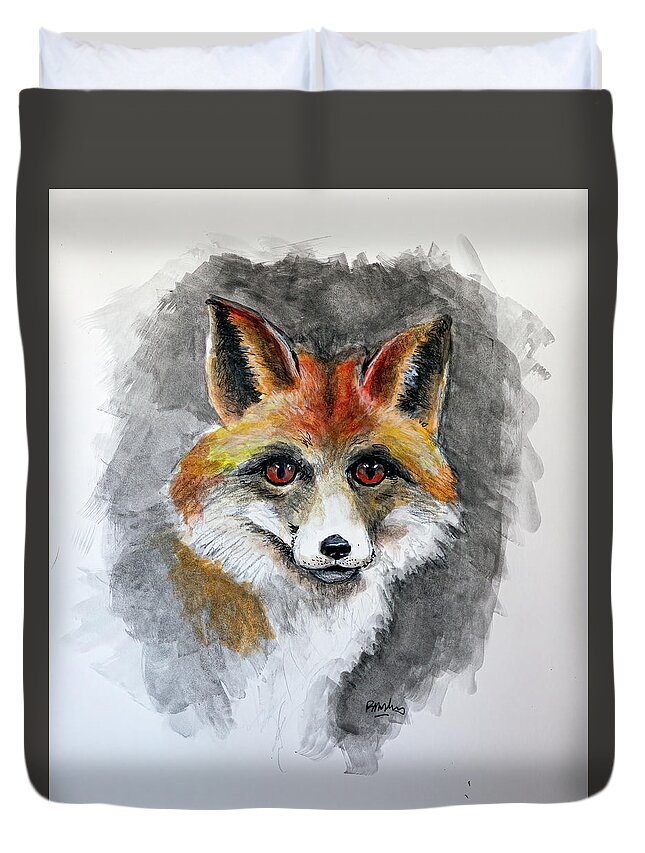 Red Fox Duvet Cover featuring the drawing Red Fox by Rick Mosher