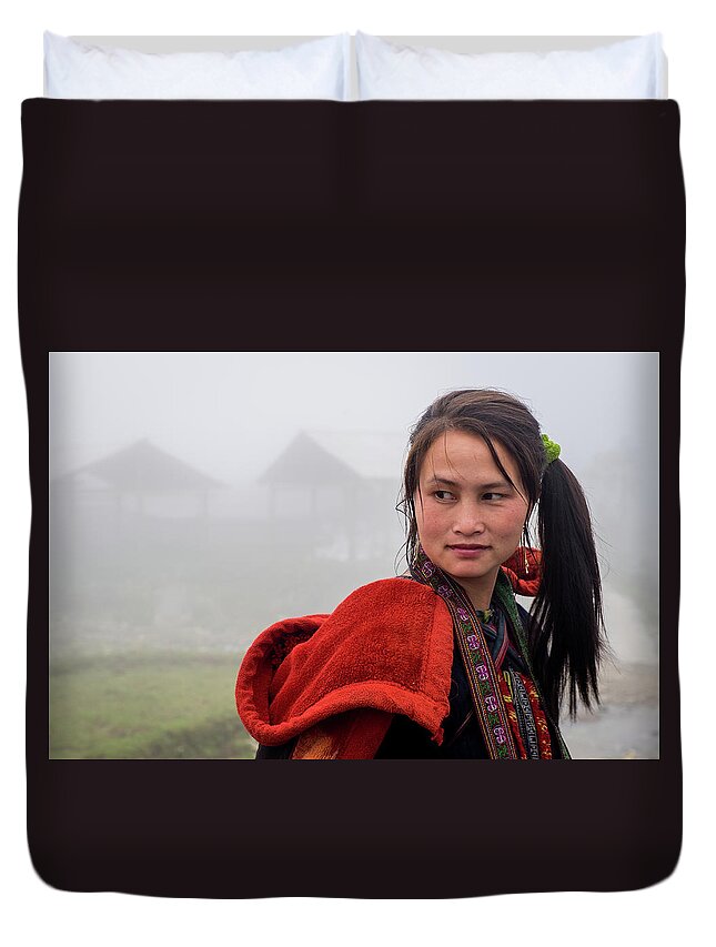 Black Duvet Cover featuring the photograph Red Hmong Lady by Arj Munoz