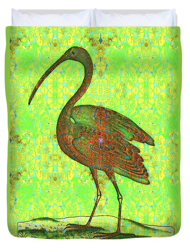 Ibis Duvet Cover featuring the digital art Red ibis on green brocade by Lorena Cassady