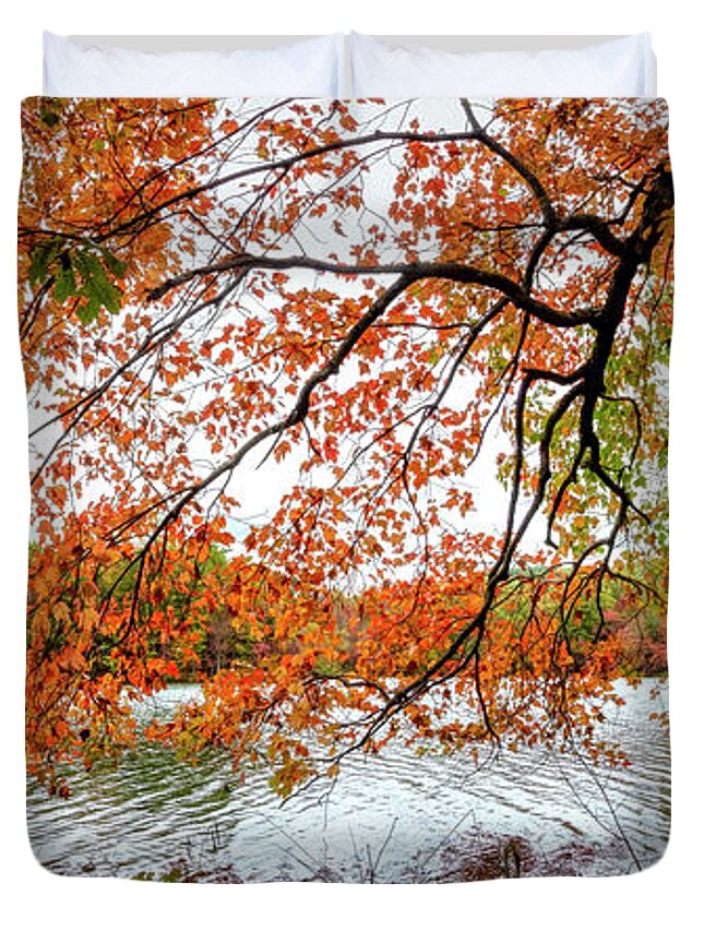 Carolina Duvet Cover featuring the photograph Red Maple Trees at the Lake Indian Boundary by Debra and Dave Vanderlaan