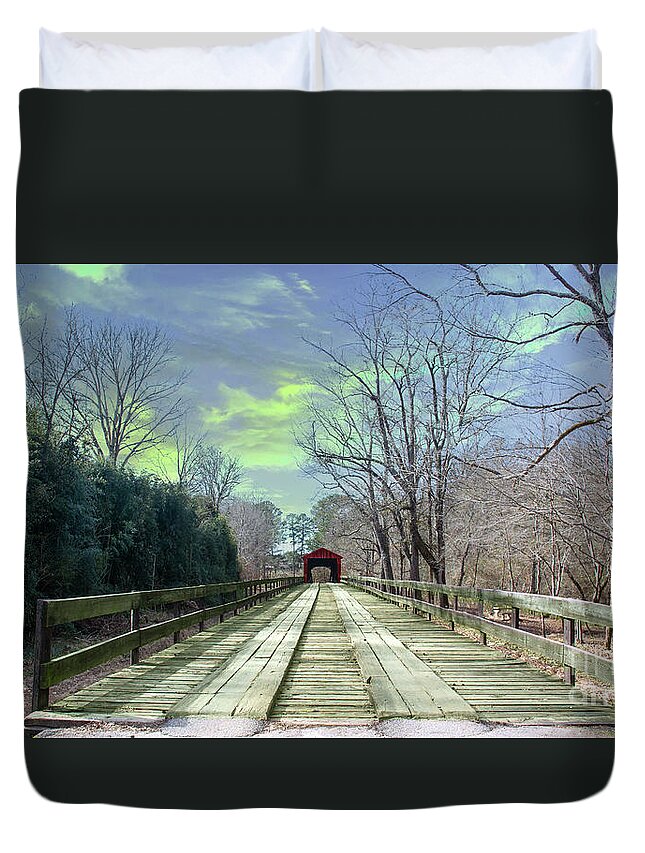 New Jersey Duvet Cover featuring the digital art Red Oak Creek Covered Bridge by Anthony Ellis