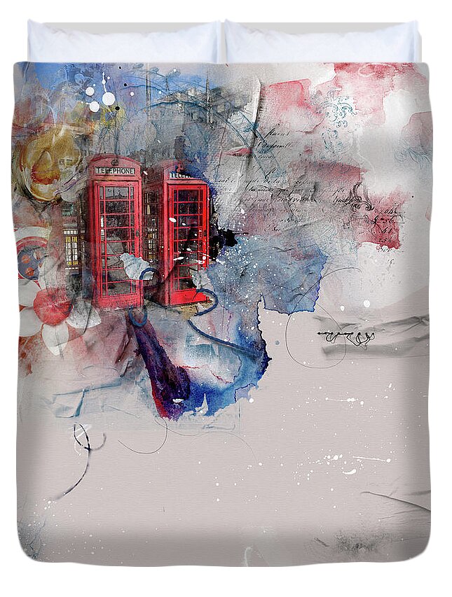London Duvet Cover featuring the mixed media Red Phones at Charing Cross by Nicky Jameson