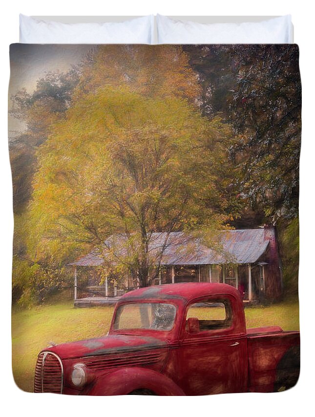 Truck Duvet Cover featuring the photograph Red Pickup Truck at the Farm Painting by Debra and Dave Vanderlaan