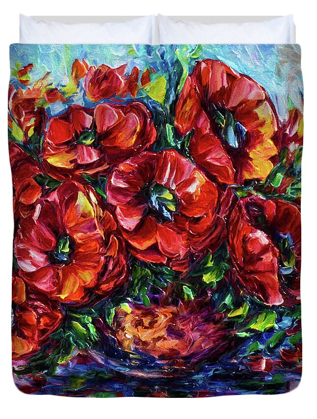  #flowers Duvet Cover featuring the painting Red Poppies In A Vase by O Lena