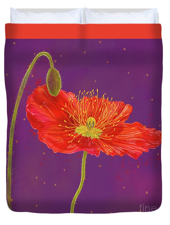 Poppy Duvet Cover featuring the mixed media Red Poppy on Purple II by Shari Warren