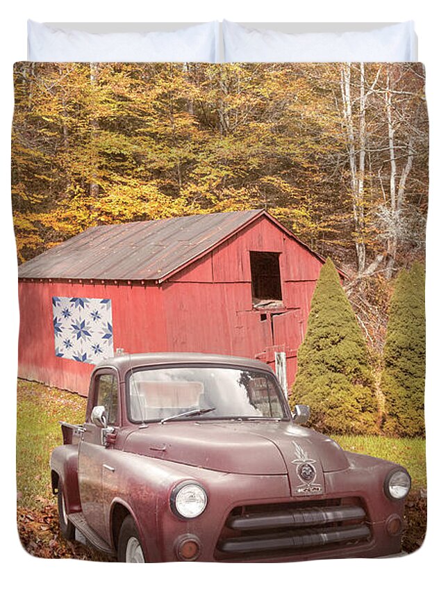 Truck Duvet Cover featuring the photograph Red Quilt Farmhouse Barn and Truck along the Creeper Trail Damas by Debra and Dave Vanderlaan