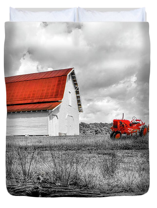 Red Duvet Cover featuring the photograph Red Roof Barn and Red Tractor Black and White and Red by Debra and Dave Vanderlaan